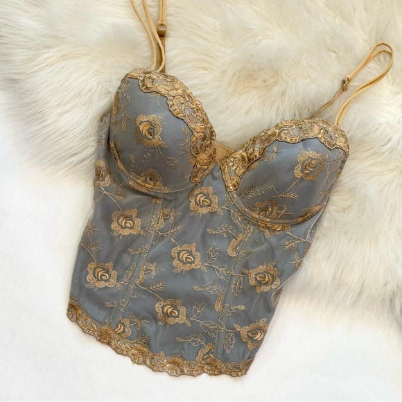 90s Victoria’s Secret Gold Embroidered Blue Gray Vintage Corset Bustier Top 36C🔥 - Picture 4 of 11